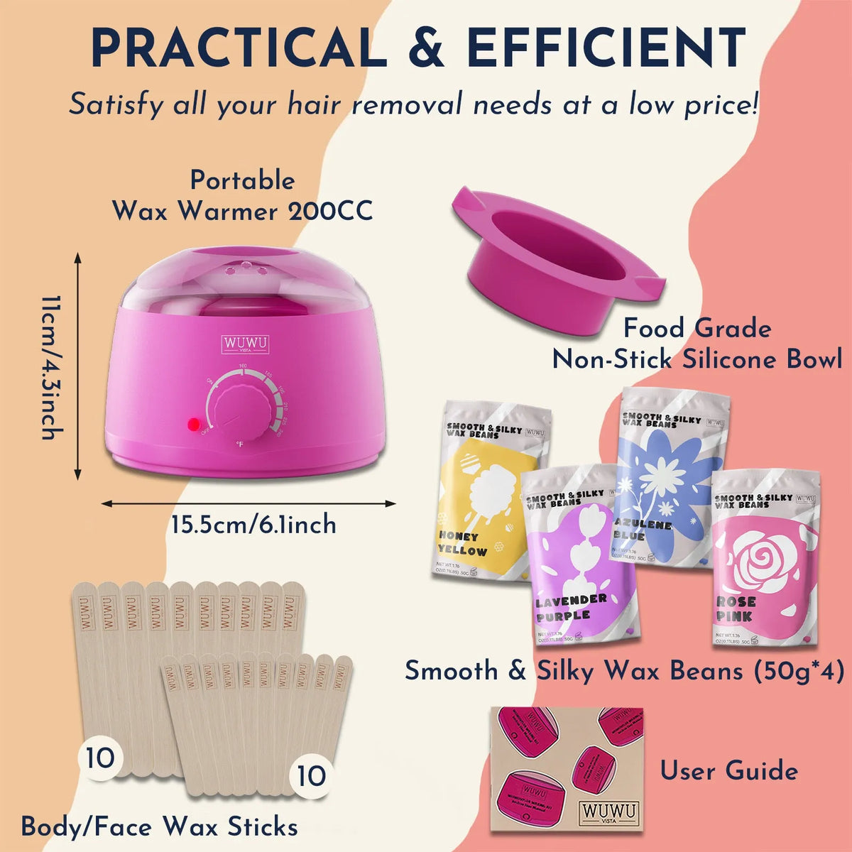 27-piece hypoallergenic wax kit showing 4-colour wax beads, face and body sticks, wax machine, and multilingual guidebook
