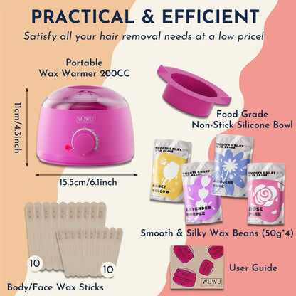 27-piece hypoallergenic wax kit showing 4-colour wax beads, face and body sticks, wax machine, and multilingual guidebook