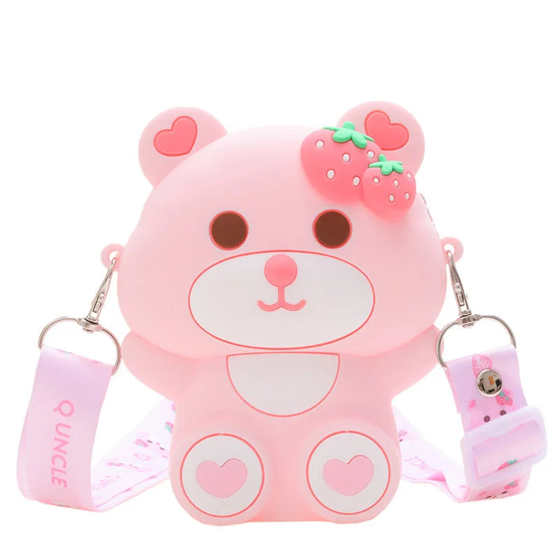 Children's silicone strawberry bear shoulder bag with zipper closure
