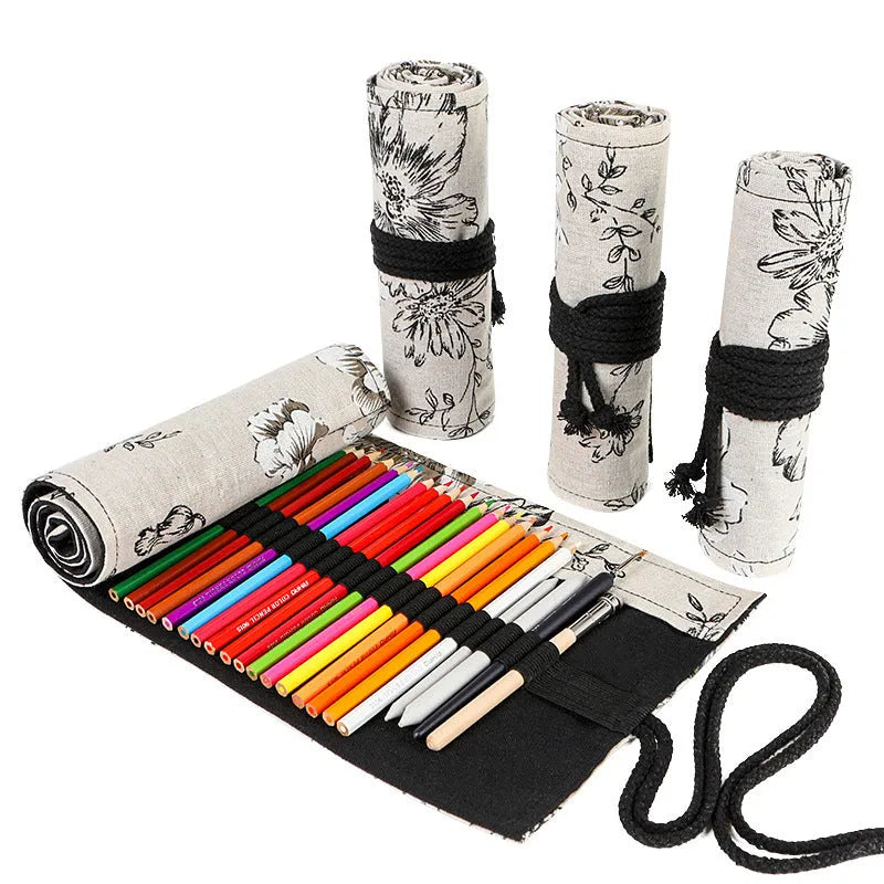 Black Peony printed cotton hemp pencil roll bag unfurled showing 24 or 72 pencil pockets.