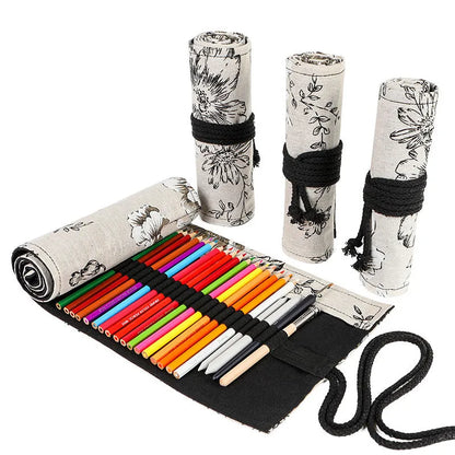 Black Peony printed cotton hemp pencil roll bag unfurled showing 24 or 72 pencil pockets.