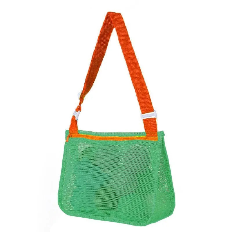 Blue children's drawstring travel storage bag made of nylon mesh for organising toys and clothes.