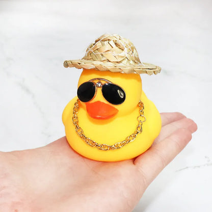 Straw Hat Yellow Duck cartoon car dashboard ornament with removable sunglasses necklace