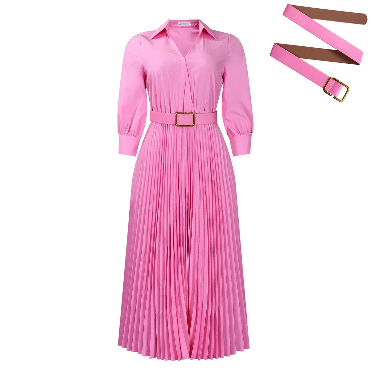 Women's solid colour pleated swing dress with polo collar, 3/4 sleeves and coordinating belt