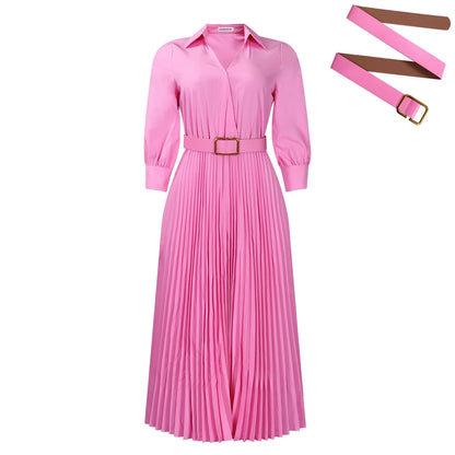 Women's solid colour pleated swing dress with polo collar, 3/4 sleeves and coordinating belt