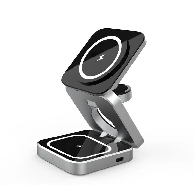 Folding three-in-one wireless charging bracket for Apple Samsung and Google devices with magnetic induction ring