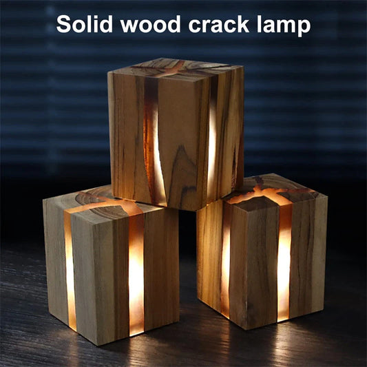 Adjustable wooden LED desk lamp with USB charging and rustic crack effect design
