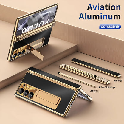 Aluminium alloy flip phone case for Samsung Z Fold 6 with magnetic suction and bracket in gold or black armour colour