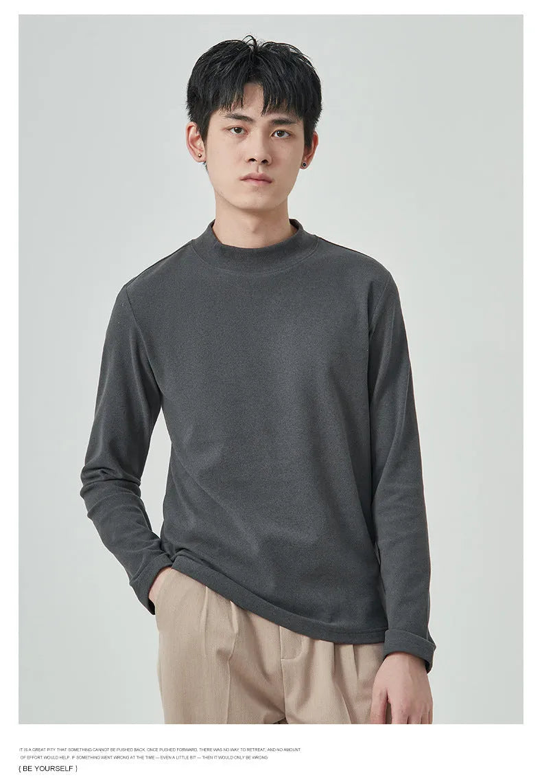 Men's brown half-high collar long sleeve t-shirt in Dralon fabric for autumn winter wear