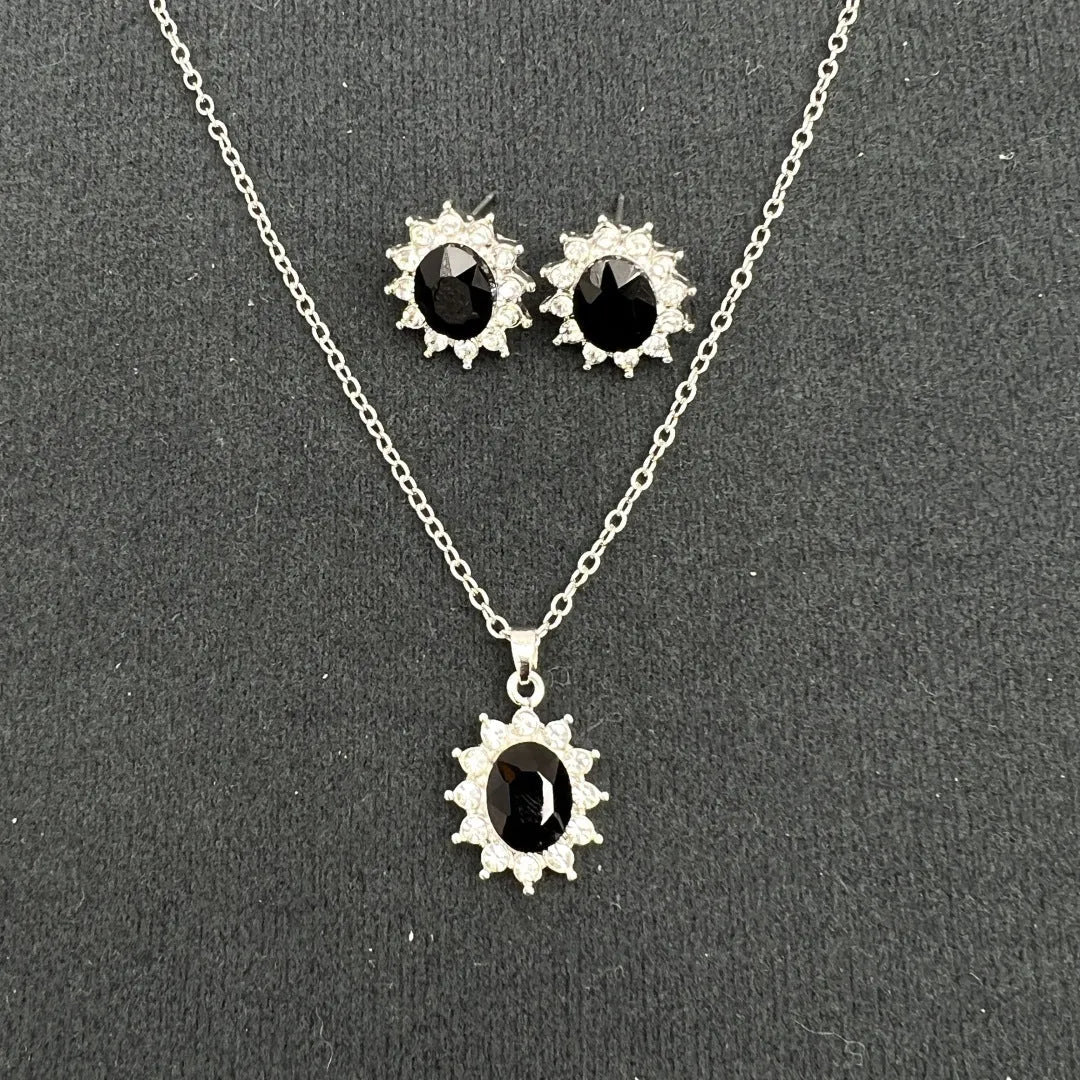Sunflower zircon necklace and earring set in alloy with electroplated finish showing ellipse-shaped design