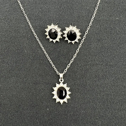 Sunflower zircon necklace and earring set in alloy with electroplated finish showing ellipse-shaped design