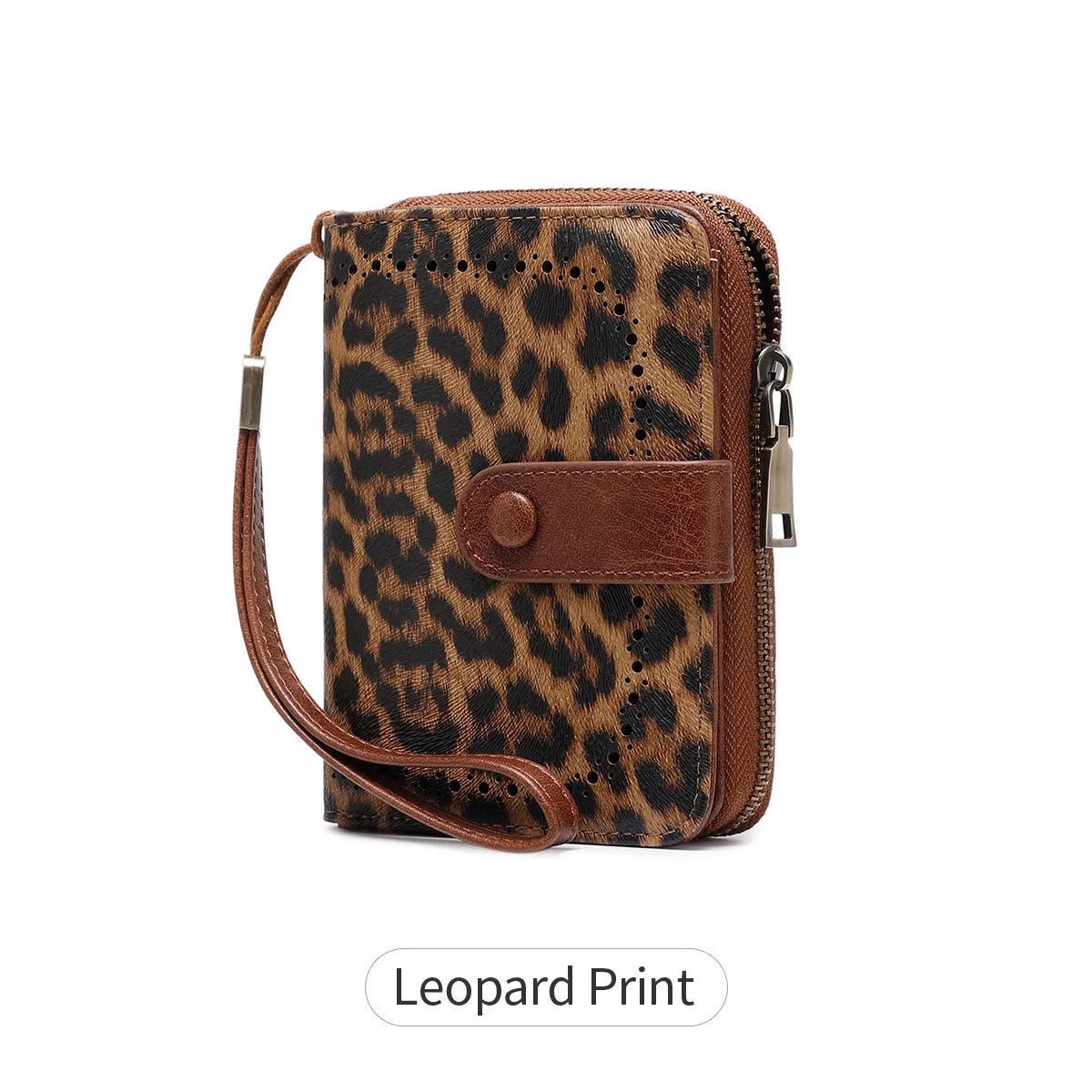 Small leopard print wallet with zipper closure showing stitching details