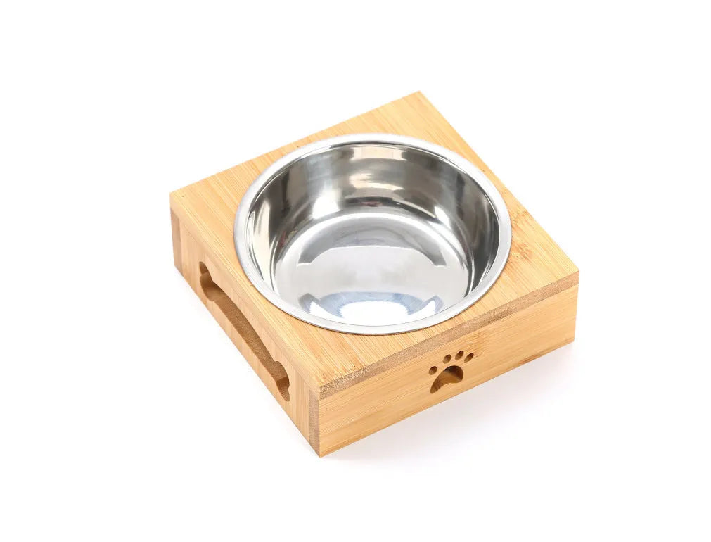 Solid wood pet dining table with elevated stainless steel feeding bowls for cat or dog