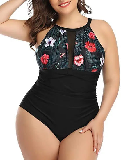Women's black one-piece swimsuit with lace trim on display, showing front design and fabric detail.