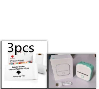 Compact Bluetooth-enabled thermal label printer in white, pink, and green colors with various label options