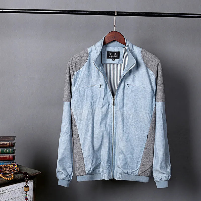 Men's thin linen jacket in cotton, shown in blue, grey, or green, available in sizes M to 6XL.
