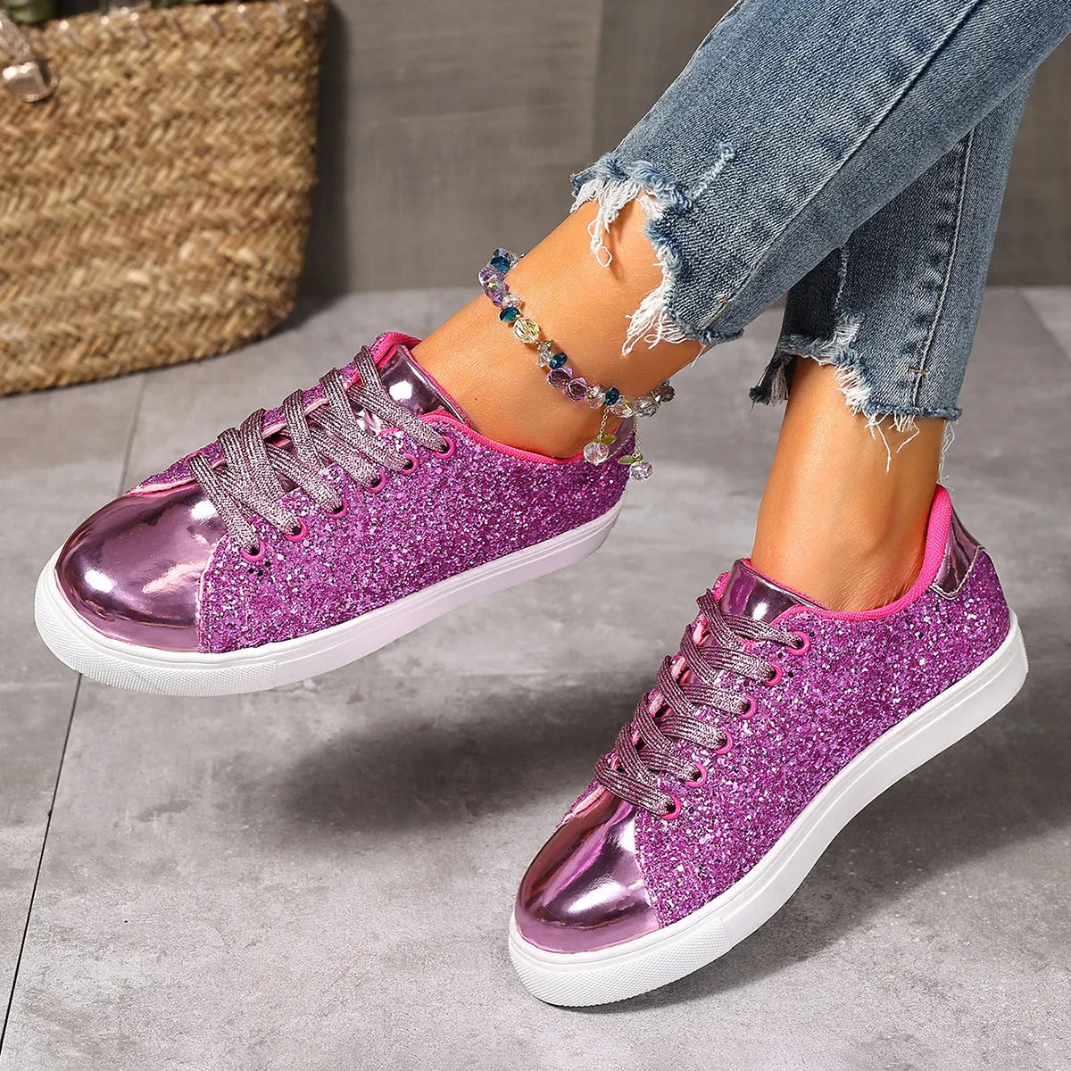 Women's plus size black board shoes with sequined front panel and lace-up closure