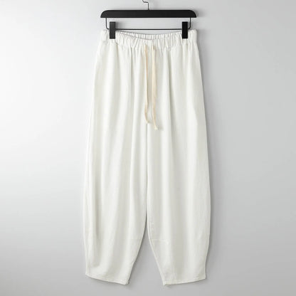 Loose linen harem pants with ankle ties in neutral colours for plus sizes