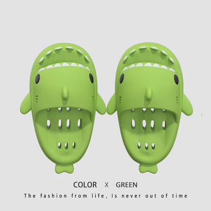 Stylish shark-themed shower slides with drainage holes and non-slip soles, made of lightweight and quick-drying EVA material