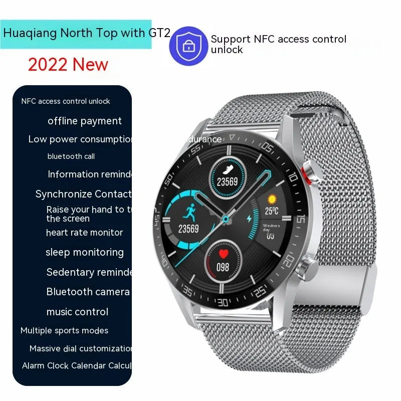 Black or silver smartwatch with 1.3-inch screen showing interface, featuring Bluetooth calling and NFC.