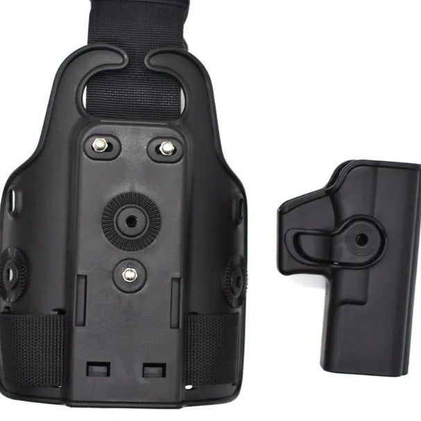 Green tactical leg holster with plastic quick-pull waist plate for attaching a hydration pack.