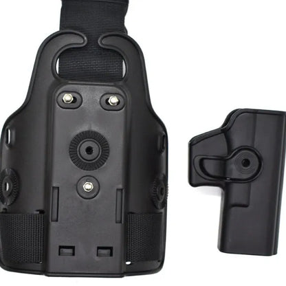 Green tactical leg holster with plastic quick-pull waist plate for attaching a hydration pack.