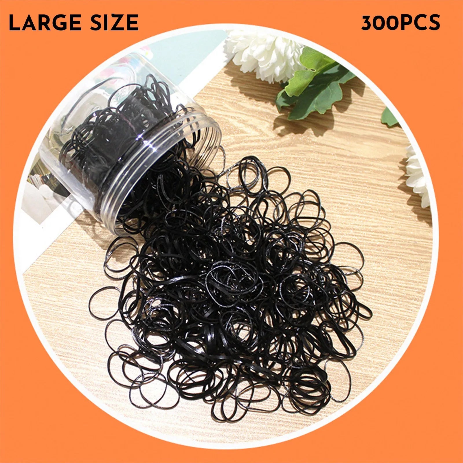 Assorted colourful thin TPU baby hair ties for toddlers and kids in a reusable plastic storage container.