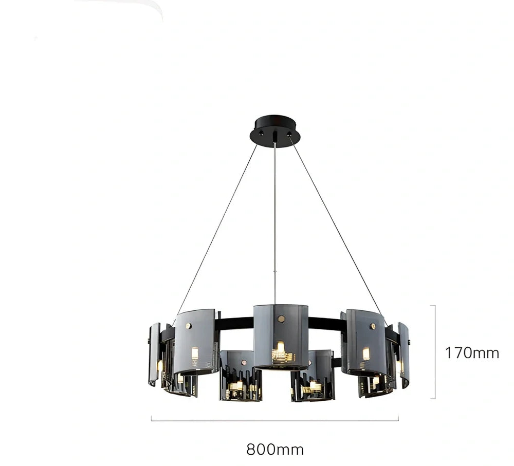 Glass fish-shaped chandelier with 6 LED lights, 600mm diameter, smoke grey finish