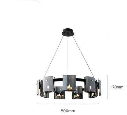 Glass fish-shaped chandelier with 6 LED lights, 600mm diameter, smoke grey finish