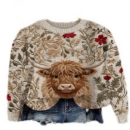Women's round neck sweater with a colourful digital floral print on polyester fabric.