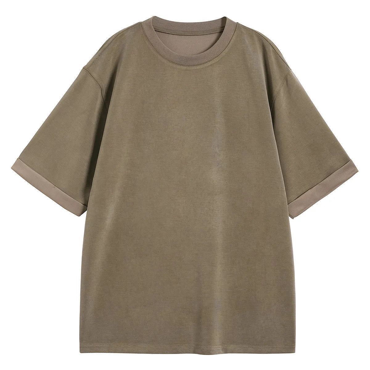 Men's brown drape knit loose t-shirt with short sleeves on a hanger.