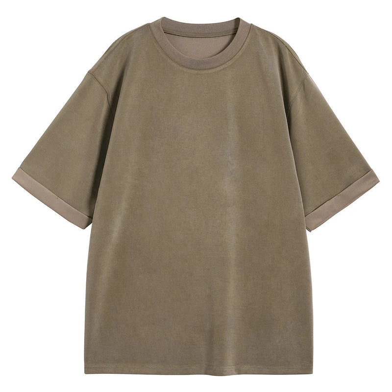 Men's drape knit t-shirt short sleeve casual loose fit polyester chemical fibre blend solid colour brown white black simple style collage stitching youth Asian sizing S M L XL 2XL