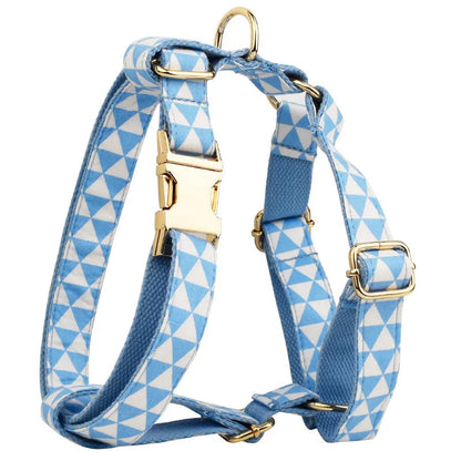 Blue cloth dog accessory set with collar, leash, bow, and vest shown together