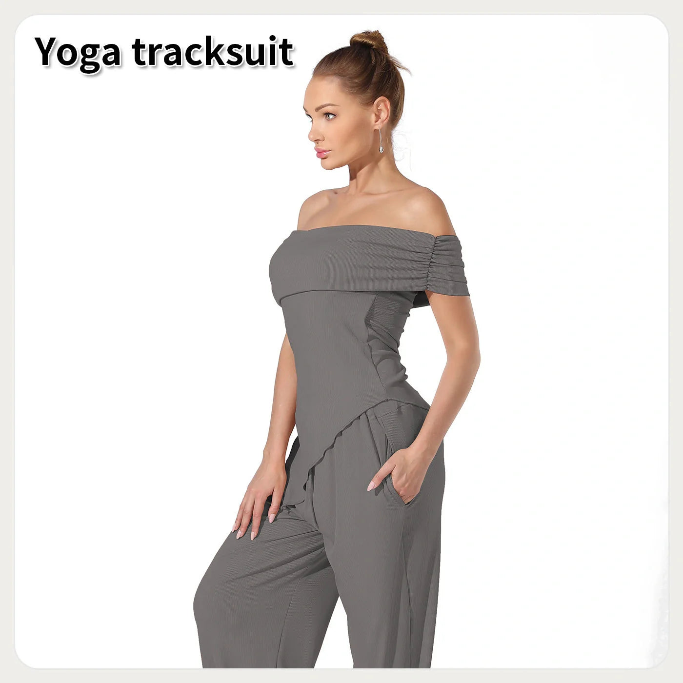 Elegant off-shoulder jumpsuits in various solid colours, including coffee, gray, and light khaki, showcasing a sleek and sophisticated design for the modern British woman.