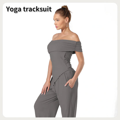 Elegant off-shoulder jumpsuits in various solid colours, including coffee, gray, and light khaki, showcasing a sleek and sophisticated design for the modern British woman.