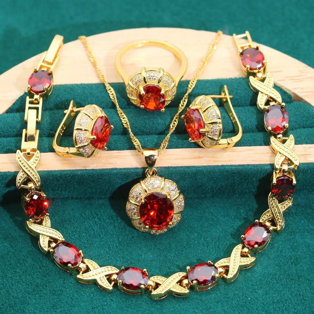 18k gold plated jewellery set with multi-colour zircon stones showing necklace, earrings, ring, and bracelet