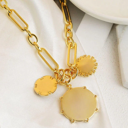 Gold sun pendant necklace with adjustable stainless steel chain