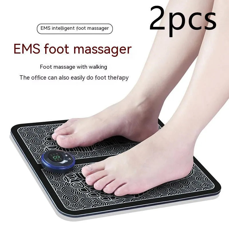 Portable EMS foot massager pad showing remote control and foldable 32.5x29.5cm design