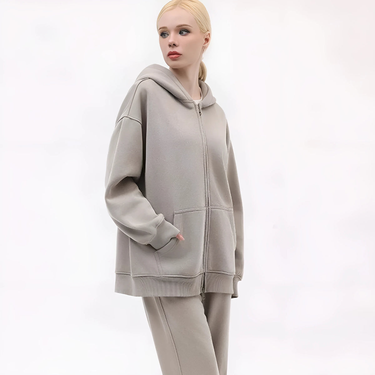 Women's distressed colour fleece-lined hooded cardigan sweater with patch pockets