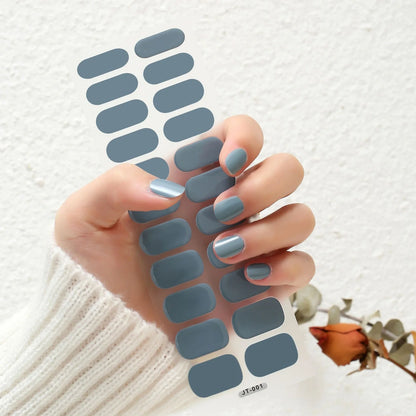 Semi-curing gel nail stickers sheet showing 22 solid colour designs including roses, tulips, and geometric patterns