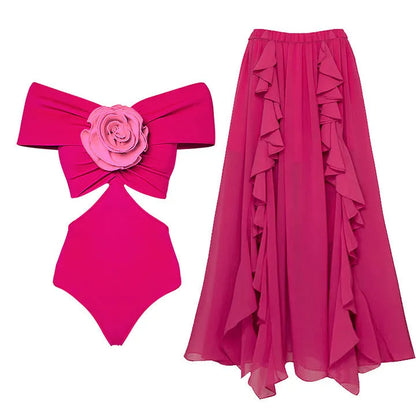 Floral patterned hollow-out one-piece swimsuit for women with a matching skirt.