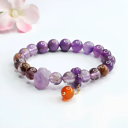Nine purple crystal bracelet with Amethyst beads and red agate stones in Mori style design