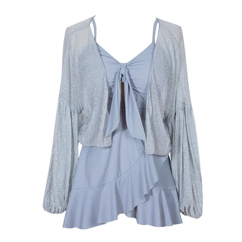 Women's long sleeve one-piece swimsuit set in solid grey with milk silk fabric and polyester lining, sizes S to 3XL