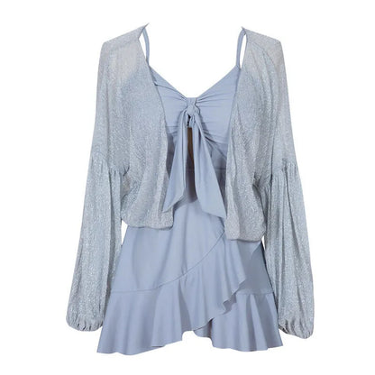 Women's long sleeve one-piece swimsuit set in solid grey with milk silk fabric and polyester lining, sizes S to 3XL
