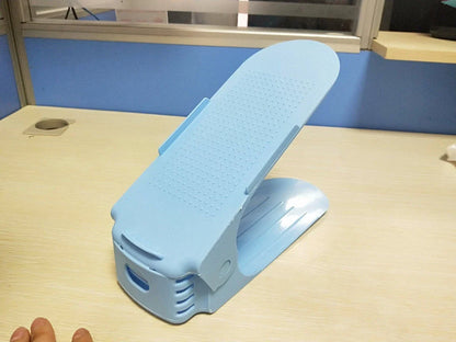 Adjustable dual-tier shoe organizer rack made of durable polypropylene material