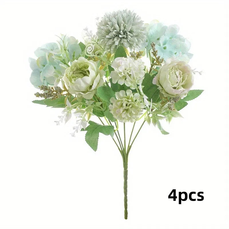 Combination artificial hydrangea flower arrangement in silk and plastic, shown in one of five available colours.