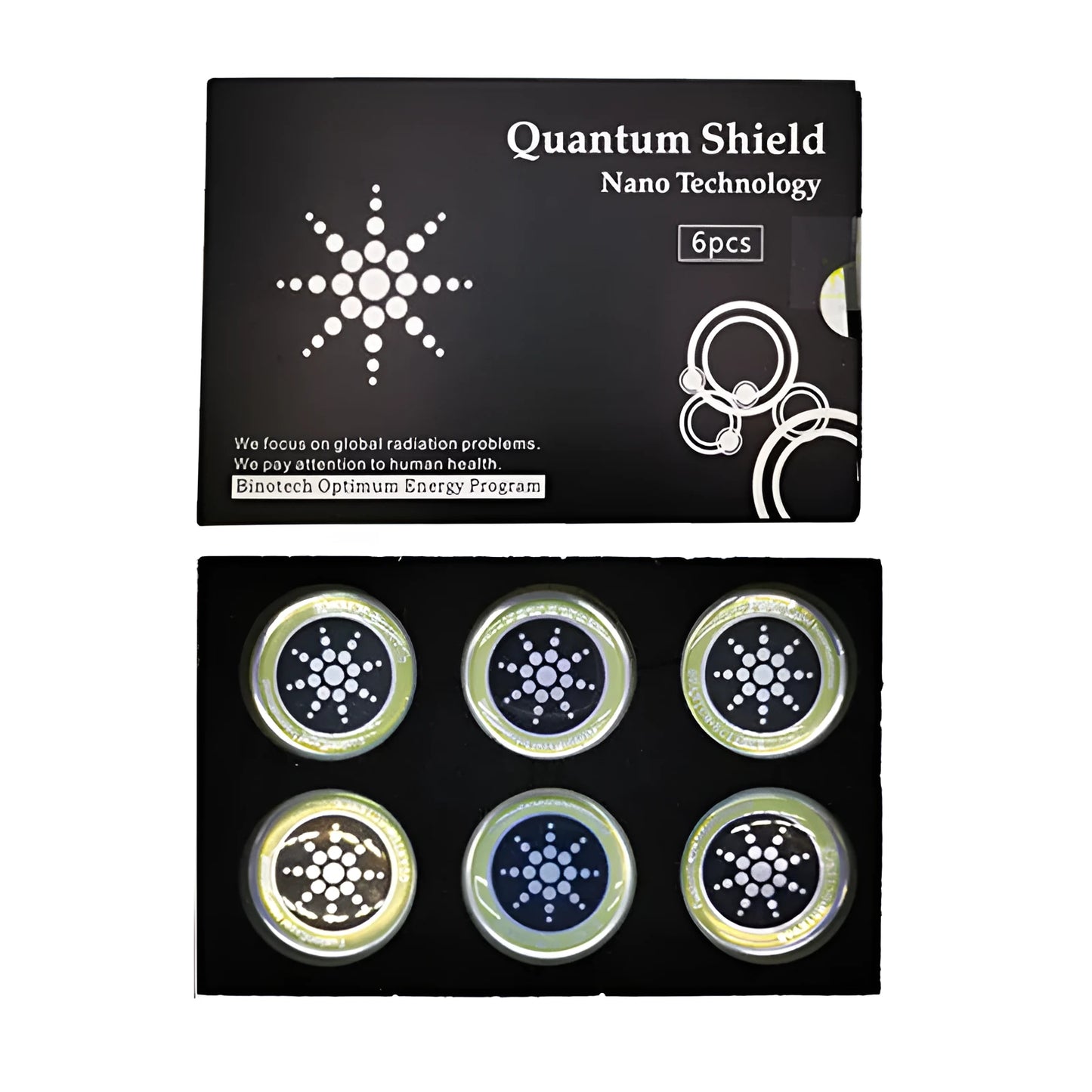 Box containing six gold and silver anti-electromagnetic wave stickers for mobile phones