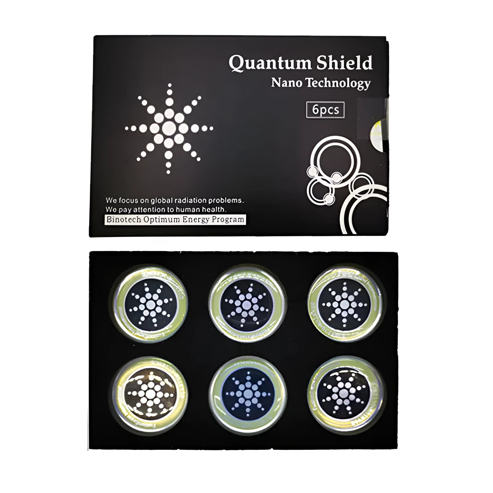 Box containing six gold and silver anti-electromagnetic wave stickers for mobile phones