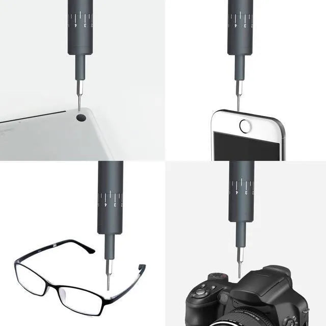 Black aluminium pen-type electric screwdriver with torque adjustment settings displayed on barrel