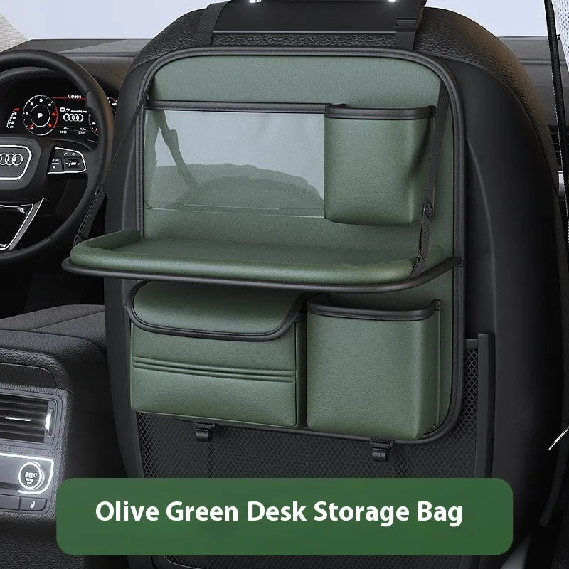 Leather car seat hanging storage bag with a fold-out dining table in black colour